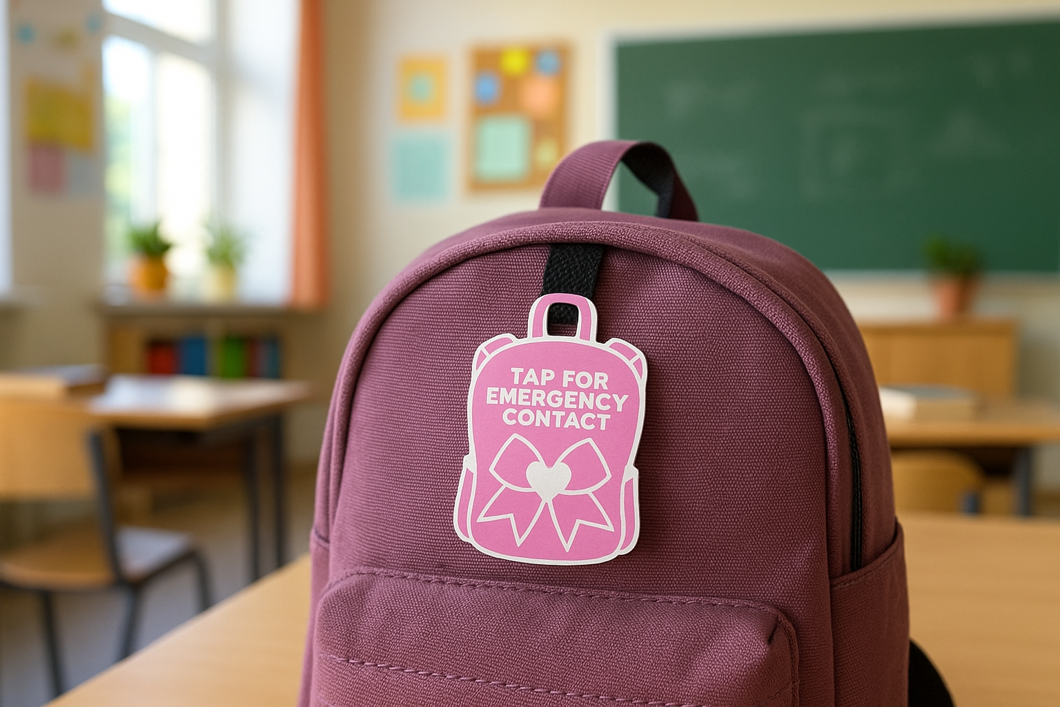 Pink Bow NFC Emergency Contact Backpack Tag | 3D Printed Safety Bag Tag for Kids