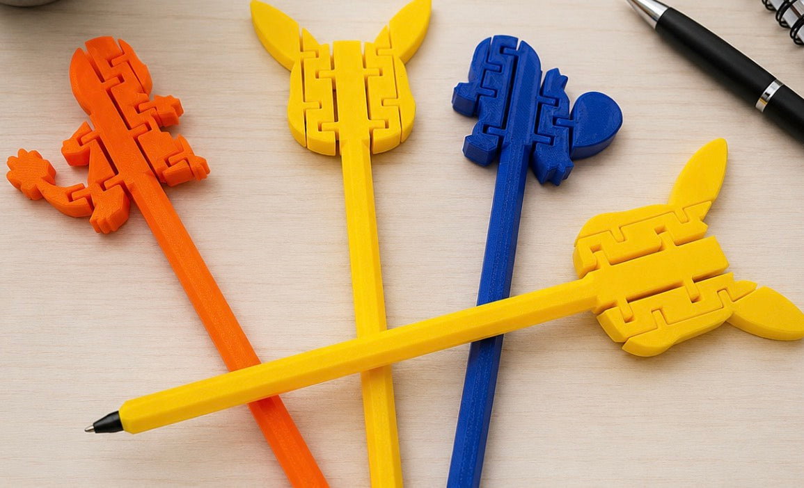 4 Piece Pokemon Flex Pen Set | 3D Printed Articulated Pens | Cute Desk Accessories | Fidget Pens for Kids, Students & Teachers