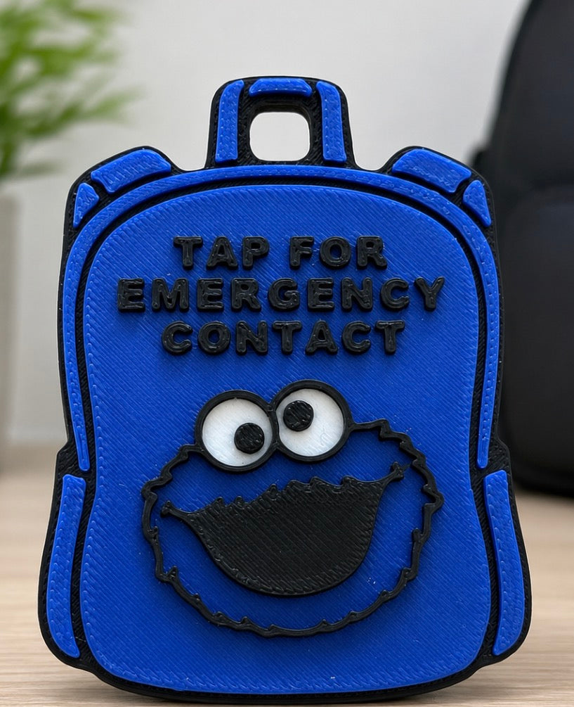 Cookie Monster Inspired NFC Emergency Contact Backpack Tag | Tap for Emergency Contact | 3D Printed Bag Tag
