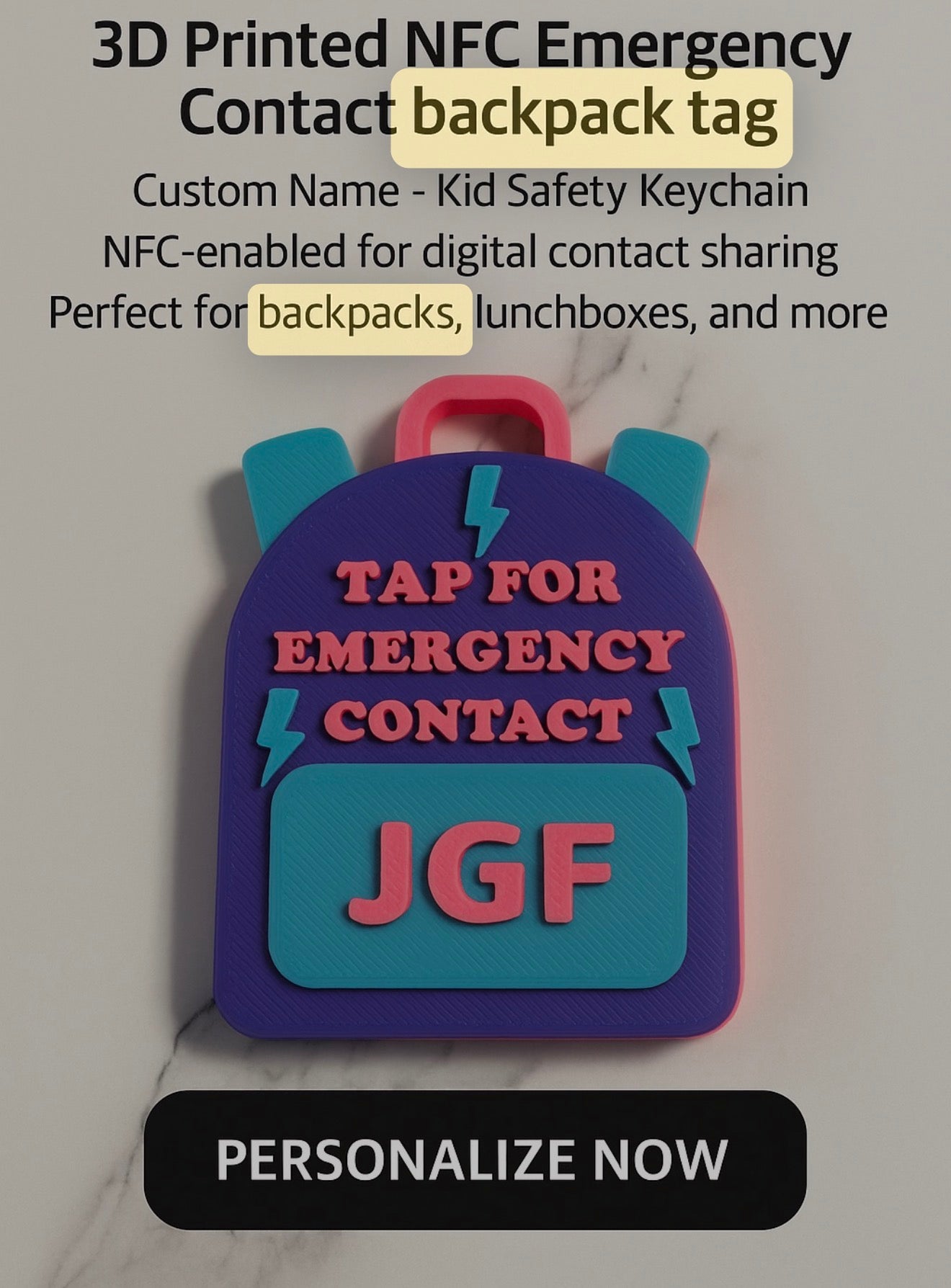 Custom NFC Emergency Contact Keychain | Tap for Emergency Contact Tag | Personalized Backpack, Luggage & Medical ID Tag | iPhone & Android