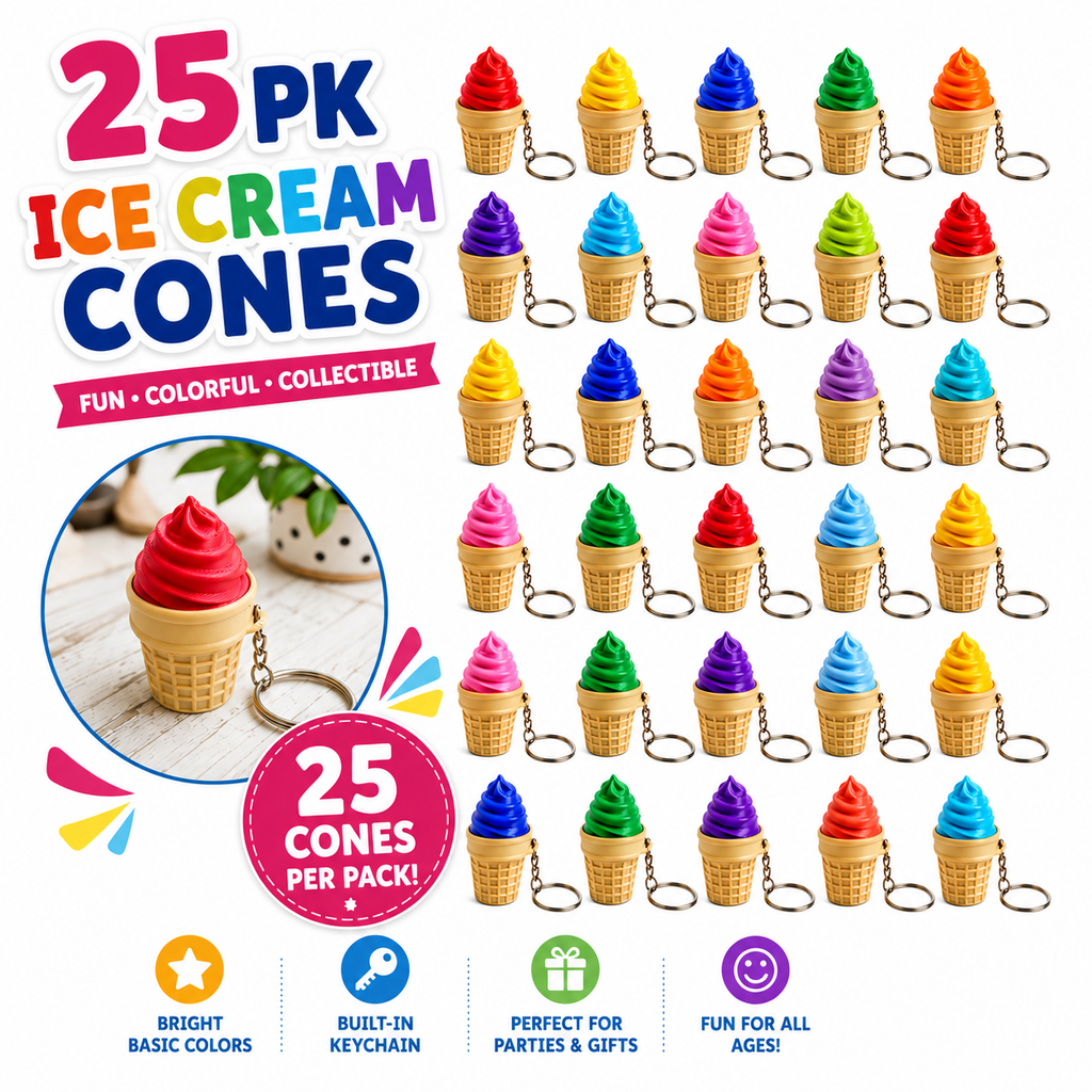 25 Pack Ice Cream Cone Keychains – Colorful Clicker Fidget Party Favors